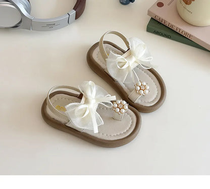 Brand Designer Ribbons Sandals for Girls Beaded Flip Flop Evening Party Dress Shoes Tulle Bow-tie Child Shoes Girl Sandal I06034