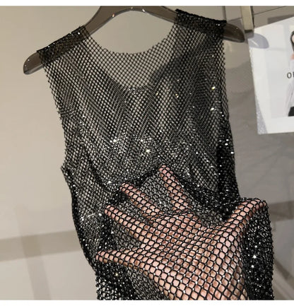 Women&Men Crystal  Rhinestones Shiny Sexy Y2K Tank Tops High Quality Party Club Sexy See Through Mesh Hollow Out Diamond shirt