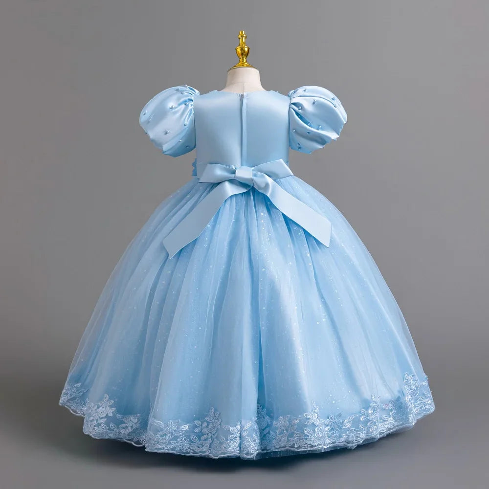 Girl's Pearl Bubble Sleeves Princess Dress 4-12 Years Old Fashionable Flower Lace Satin Dress Birthday Wedding Flower Girl Dress