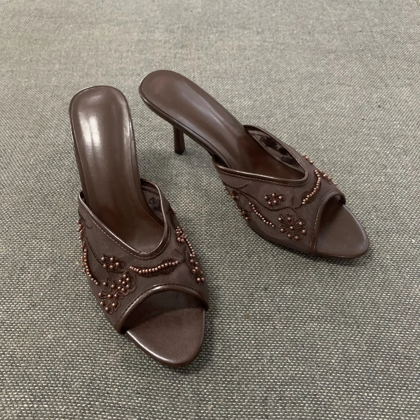 2026 Elegant Brown String Bead Mesh Embroider Slippers Women Summer Sexy Peep Toe High Heels Mules Sandals Luxury Designer Shoes
