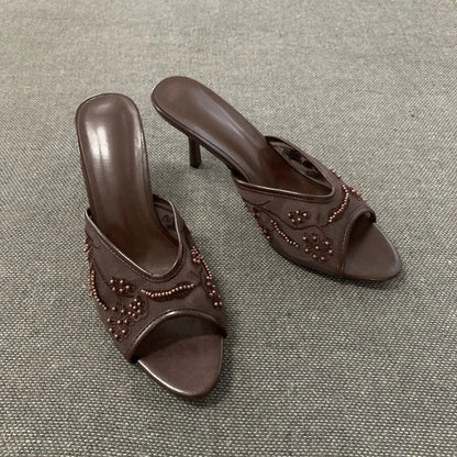 2026 Elegant Brown String Bead Mesh Embroider Slippers Women Summer Sexy Peep Toe High Heels Mules Sandals Luxury Designer Shoes