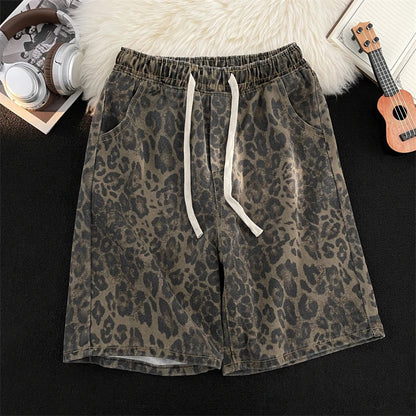 Men Leopard Denim Shorts Summer Thin American High Street Drawstring Casual Pants Loose Popular Versatile Handsome Trousers