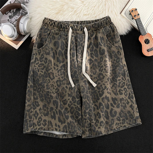 Men Leopard Denim Shorts Summer Thin American High Street Drawstring Casual Pants Loose Popular Versatile Handsome Trousers