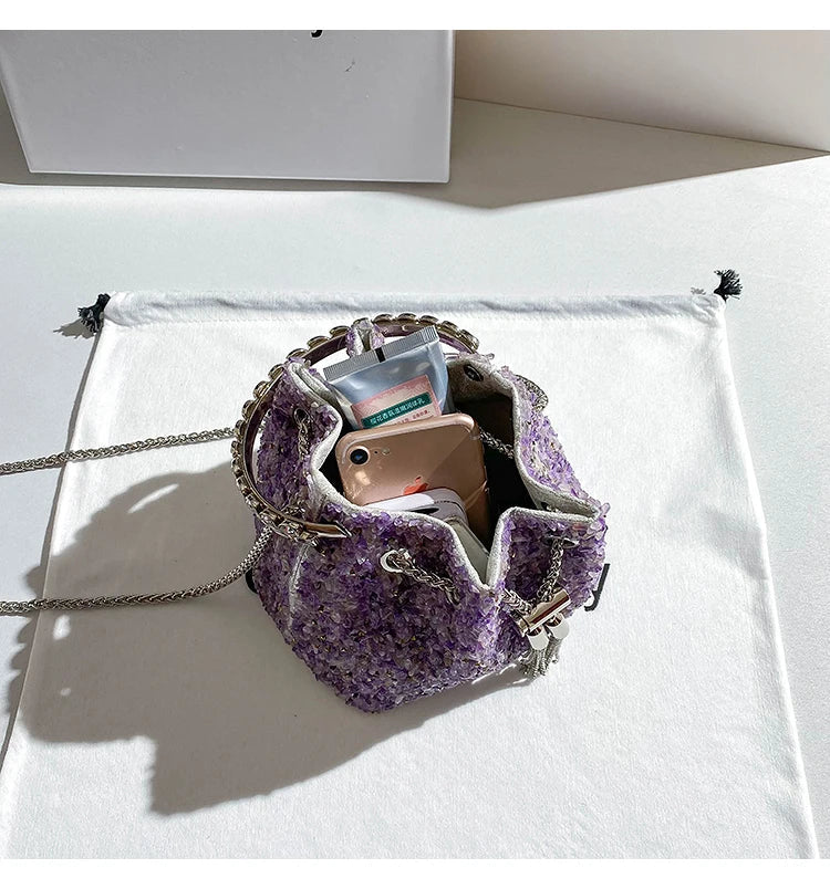 Luxury Designer Purple Stones Evening Clutch Bag Wedding Party Bucket Purse Metal Handle Women's Handbag Shoulder Messenger Bag