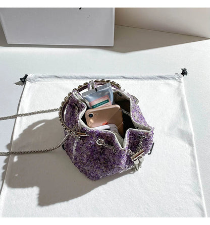Luxury Designer Purple Stones Evening Clutch Bag Wedding Party Bucket Purse Metal Handle Women's Handbag Shoulder Messenger Bag