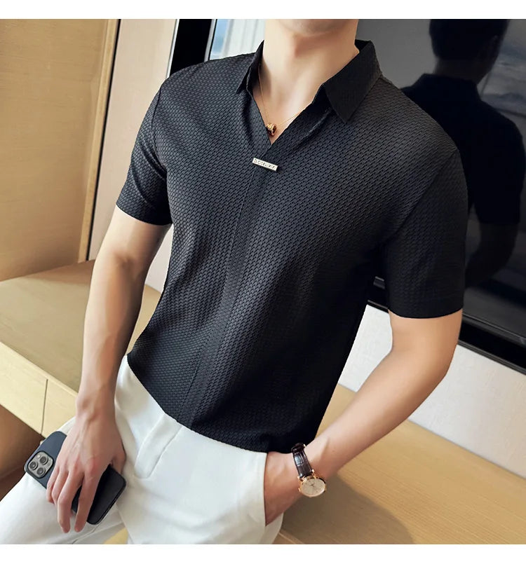 High-Grade Ice Silk Seamless Adhesive Polo Shirt, High-Elastic V-neck Thin Waffle Short-Sleeved Golf Shirt, T-shirt