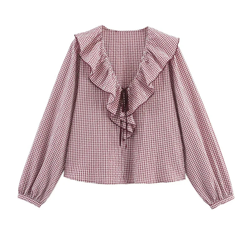 Elegant Fashion Chidori Plaid Ruffles Chiffon Shirt Spring 2025 Ruffled Neck Long Butterfly Sleeve Loose Tops Women's Clothing