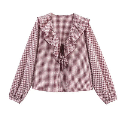 Elegant Fashion Chidori Plaid Ruffles Chiffon Shirt Spring 2025 Ruffled Neck Long Butterfly Sleeve Loose Tops Women's Clothing