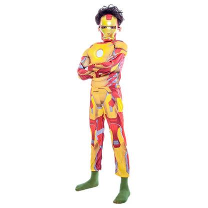 Kids Yellow Iron Man Costume Superhero Muscle Suit with Mask Role Play Costume for Halloween Christmas Party Performance
