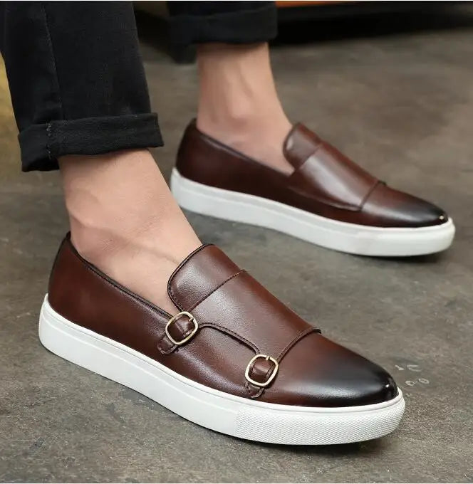 Fashion Men's Casual Shoes Snakeskin Grain Leather Men Retro British Style Loafers Monk Shoes Mens Slip-on Outdoor Driving Flats