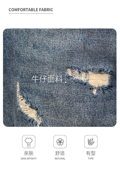 American-style distressed wide-leg jeans, loose-fitting washed and distressed straight-leg jeans, trendy brand.