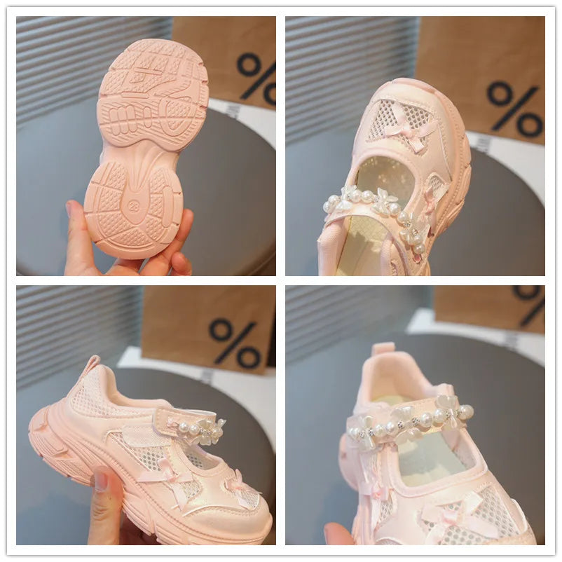 Girls Hollowed-out Mesh Sports Sneakers with Beaded Bow 2026 New Summer Toddler Barefoot Beach Shoes Platform Versatile Sandals