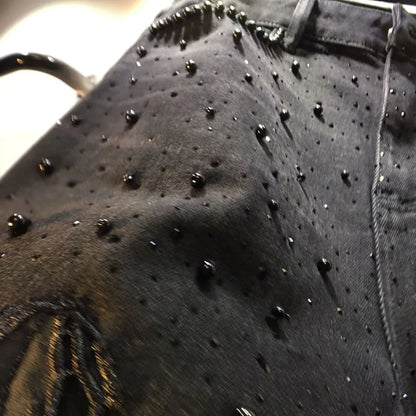 European 2025 Hollow Lace Jeans Women Summer New Black Lace Denim Pants Heavy Industry Beads Hot Diamond Denim Splicing Crochet