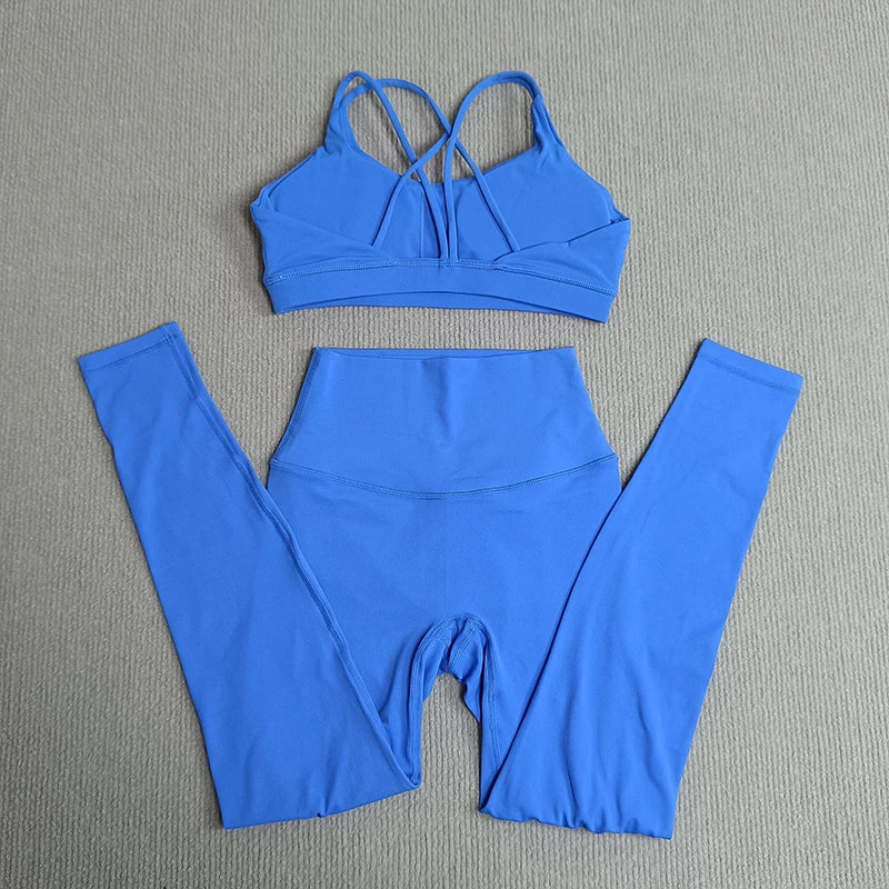 2 Pcs Women's Gym Tights Yoga Sports Set High Waist Leggings Cross Back Bra Top Fitness Running Workout Tracksuit