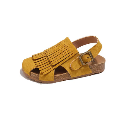 Summer Peep Toe Tassel Children Shoes Girls Sandals Soft Bottom Flat Heel Buckle Girl's Shoes Back Strape Slingbacks Shoe I05285