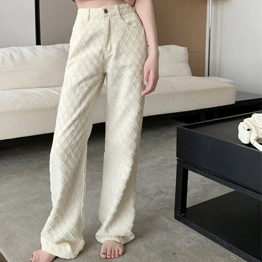 White High Waisted Diamond Checkered Floral Jeans
