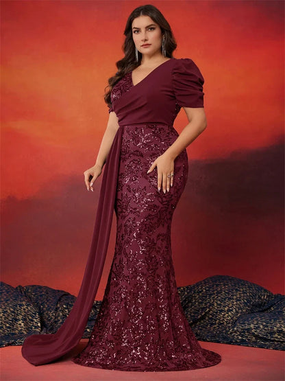 Plus Size Elegant Short Sleeve Sequins Formal Evening Dresses Women Luxury Mermaid Wedding Party Bridesmaid Gowns