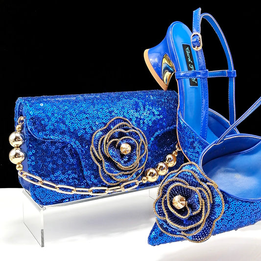 New Arrival Fashion Flower Design Party Wedding Royal Blue Color Pointed Toe Women Shoes and Bag Set Decorated With Rhinestone