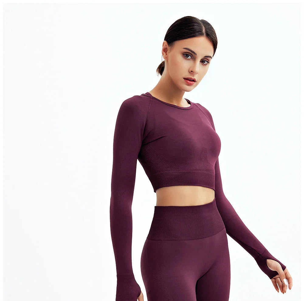 2/3Pcs Women Seamless Fitness Yoga Suit Workout Long Sleeve Crop Top Shirt Sports Bra High Waist Running Leggings Gym Clothing