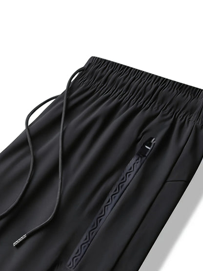 Men's waist drawstring quick drying high elasticity solid color sports training outdoor pants with zipper pocket