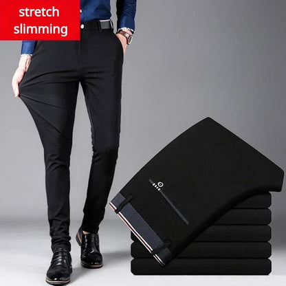 Spring and Autumn Men's Suit Pants Elastic Stretch Dress Pants Slim Male Casual Trousers Straight Leg Formal Black Blue