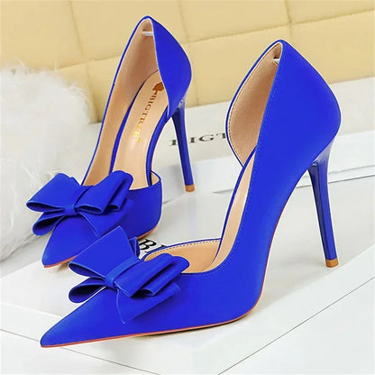 2024 Women 10.5cm High Heels Sweet Korean Side Hollow Pumps Lady Party Purple Green Kawaii Bowknot Heels Prom Silk Satin Shoes
