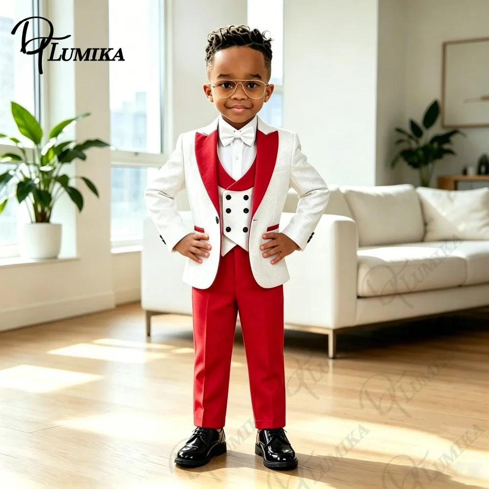 Boys’ 4-Piece Slim Fit Jacquard Suit Set in Red for Weddings