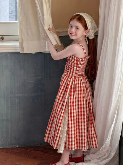 2025 Summer New Children Fairy Long Dress for Girls French Red Checkered Lace Splicing Lace Strap Dress