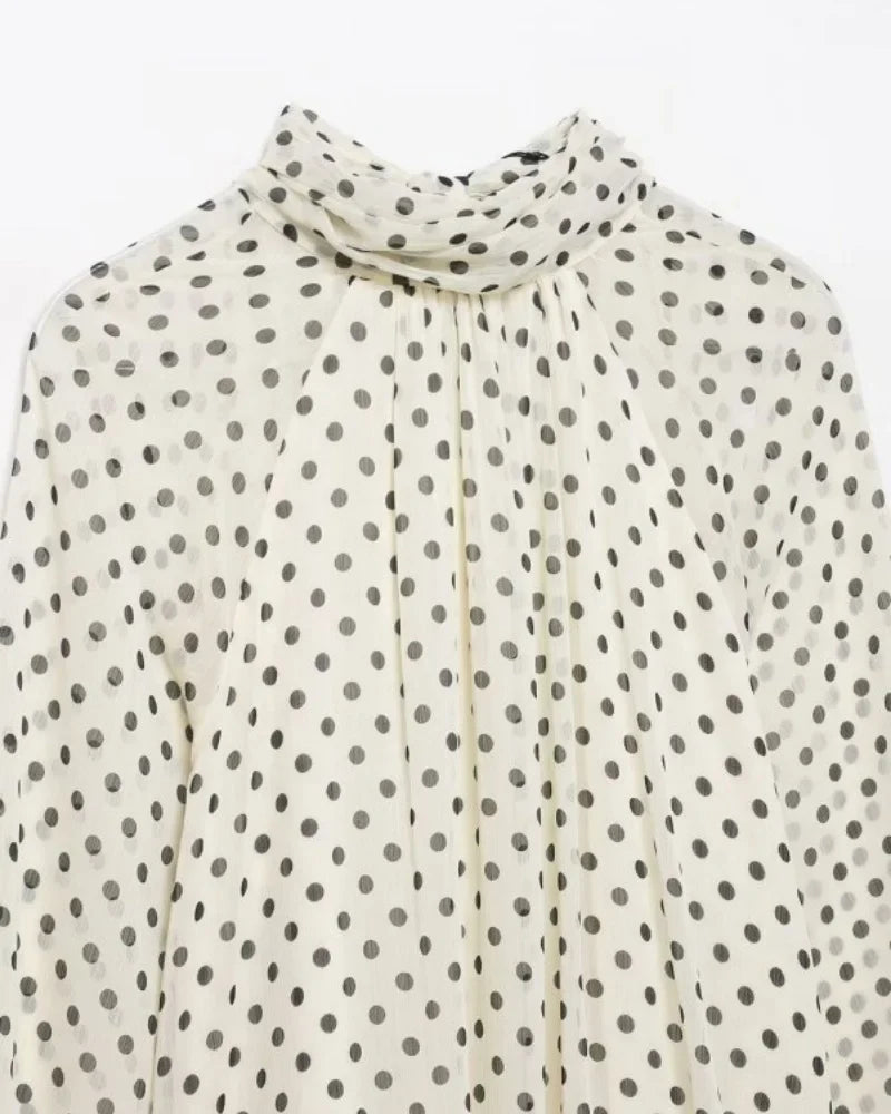 Elegant Women Polka Dot Blouse, Spring Bow Tie Lantern Sleeve Layered Neck Chiffon Shirt, Casual Daily Office Top