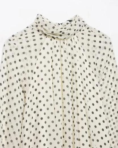 Elegant Women Polka Dot Blouse, Spring Bow Tie Lantern Sleeve Layered Neck Chiffon Shirt, Casual Daily Office Top
