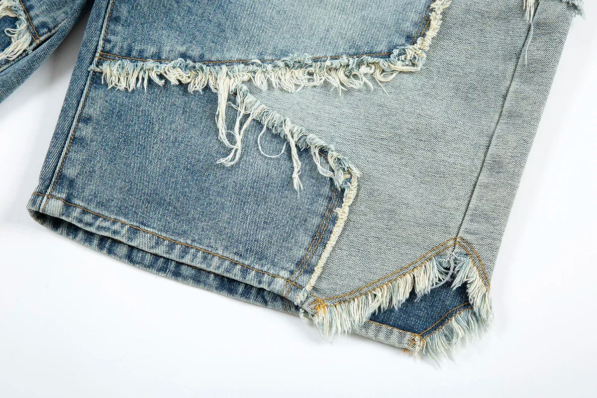 High Street Washed Stars Patchwork Baggy Jeans Shorts for Men Wide Leg Straight Casual Denim Five Point Pants Oversized