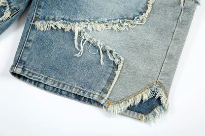 High Street Washed Stars Patchwork Baggy Jeans Shorts for Men Wide Leg Straight Casual Denim Five Point Pants Oversized