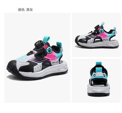 Kids Rotating Button Closed-Toe Sandals, Breathable Mesh Sport Shoes for Boys, Non-Slip Adjustable Summer Beach Sneakers
