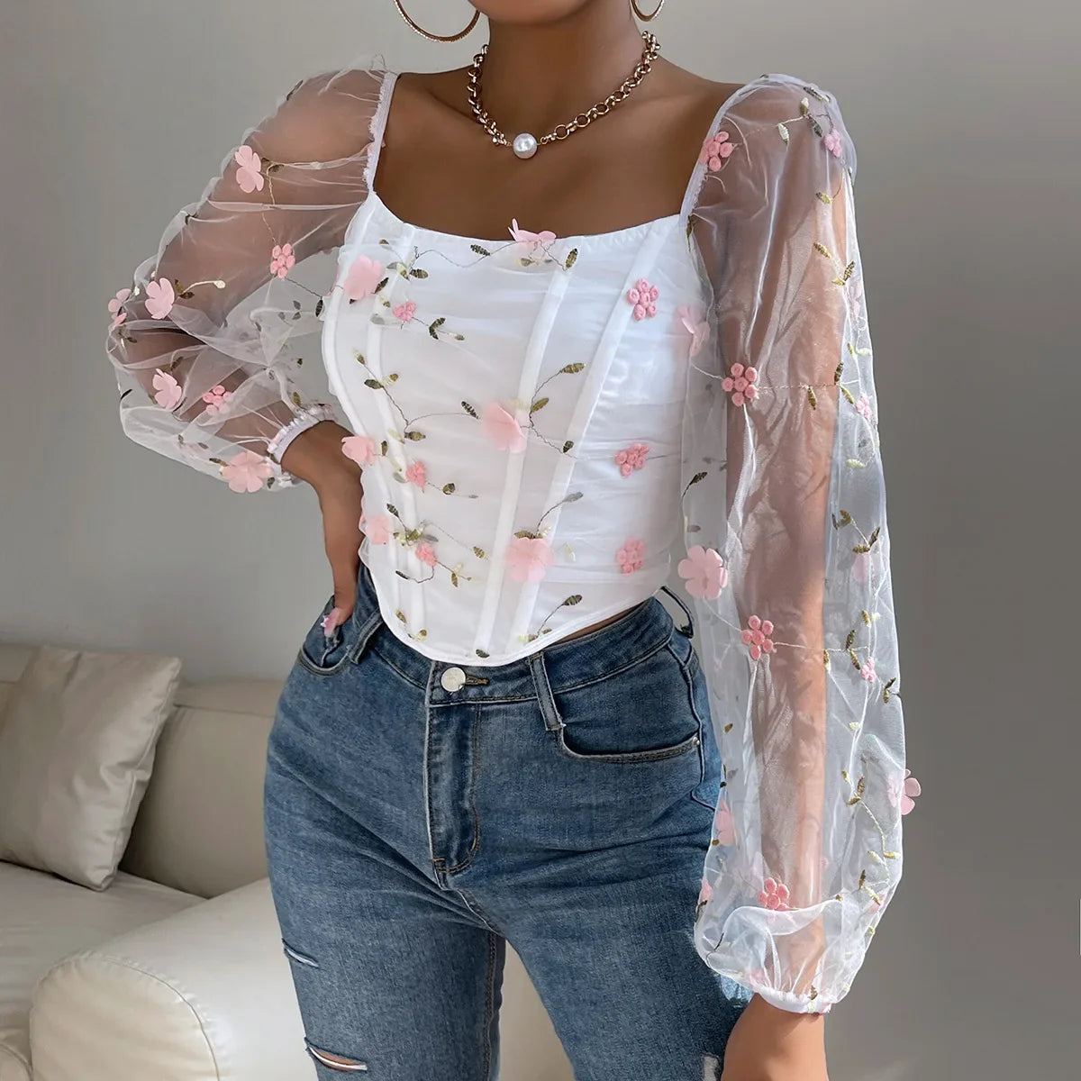 White Gauze Corset Bone Cropped Top Sexy Floral Backless Long Sleeve French Summer Women's Slim Bustier Tank Top