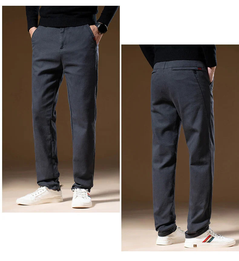 Korean Business Casual Fleece Men Pants Winter Thickened Straight Thermal Casual Pants Male Fashion Stretch Warm Velvet Trousers