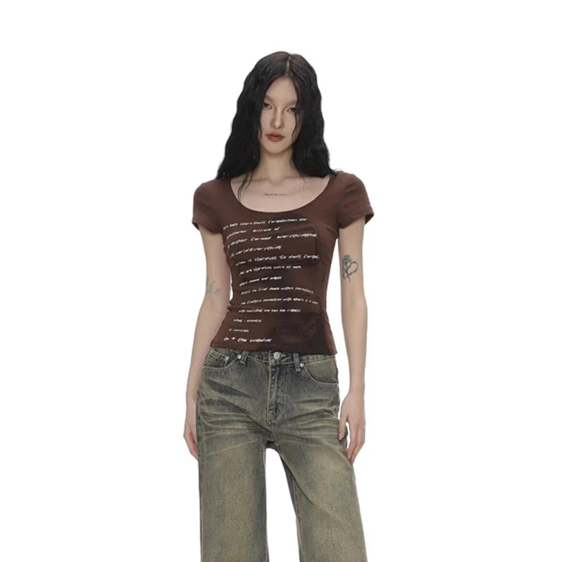 2024 Summer Women Retro Sweet Spicy Skinny Tops Lady Bean Green Casual T-Shirts Girls Letter Portrait Print Short Sleeve Clothes