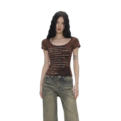 2024 Summer Women Retro Sweet Spicy Skinny Tops Lady Bean Green Casual T-Shirts Girls Letter Portrait Print Short Sleeve Clothes