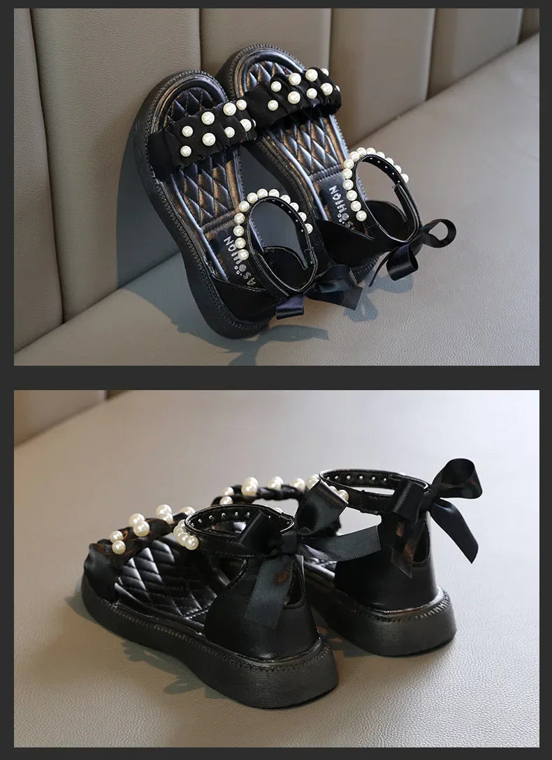 Children's Sandals Summer Bowtie Princess Shoes for Girls Fashion Sweet Kids Causal Pearl Roman Sandals Solid Color Hook Loop