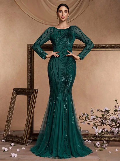 Elegant Long Sleeves Sequin Tulle Evening Dresses 2025 Women Luxury Mermaid Formal Bridesmaid Party Maxi Prom Dress