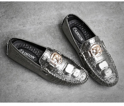 Slip-On Men's Shoes Crocodile Pattern 2025 Spring and Summer Fashion British Trendy Bright Leather Shiny Lazy Casual Beanie Shoes Handmade