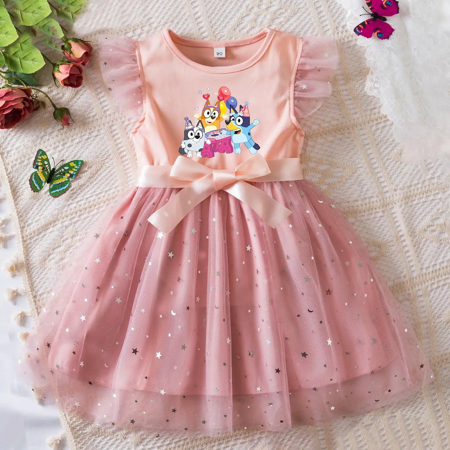 Girls Sequin Tutu Dress with Bow Flutter Sleeves Summer Princess Party Outfit for Toddler Kids 2-6 Years