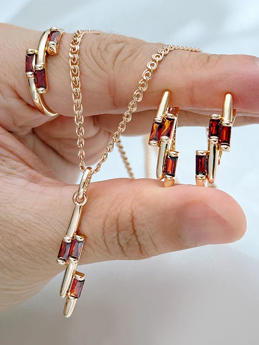 Red Natural Zircon Vintage Ring Earrings Necklace for Women Luxury 585 Rose Gold Color Daily Wear 3pcs Jewelry Sets