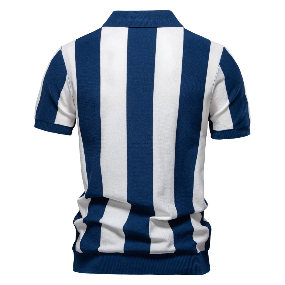 2025 New Summer Men's Breathable Striped Contrast Panel Polo Shirt - Casual Short Sleeve Knit Shirt with Comfort Fit