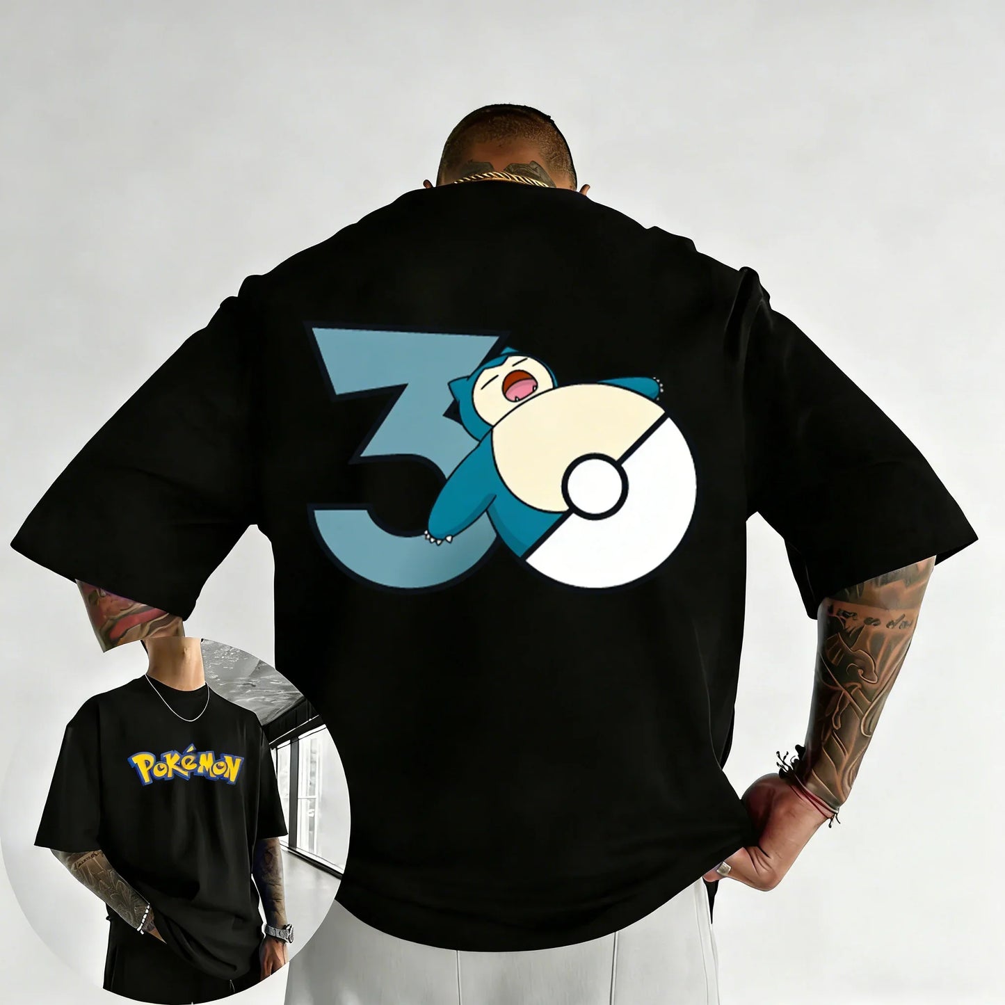 30th Anniversary Snorlax Printed T-shirt Summer Men's and Women's Trendy Large Loose Casual Y2K Short Sleeve Top