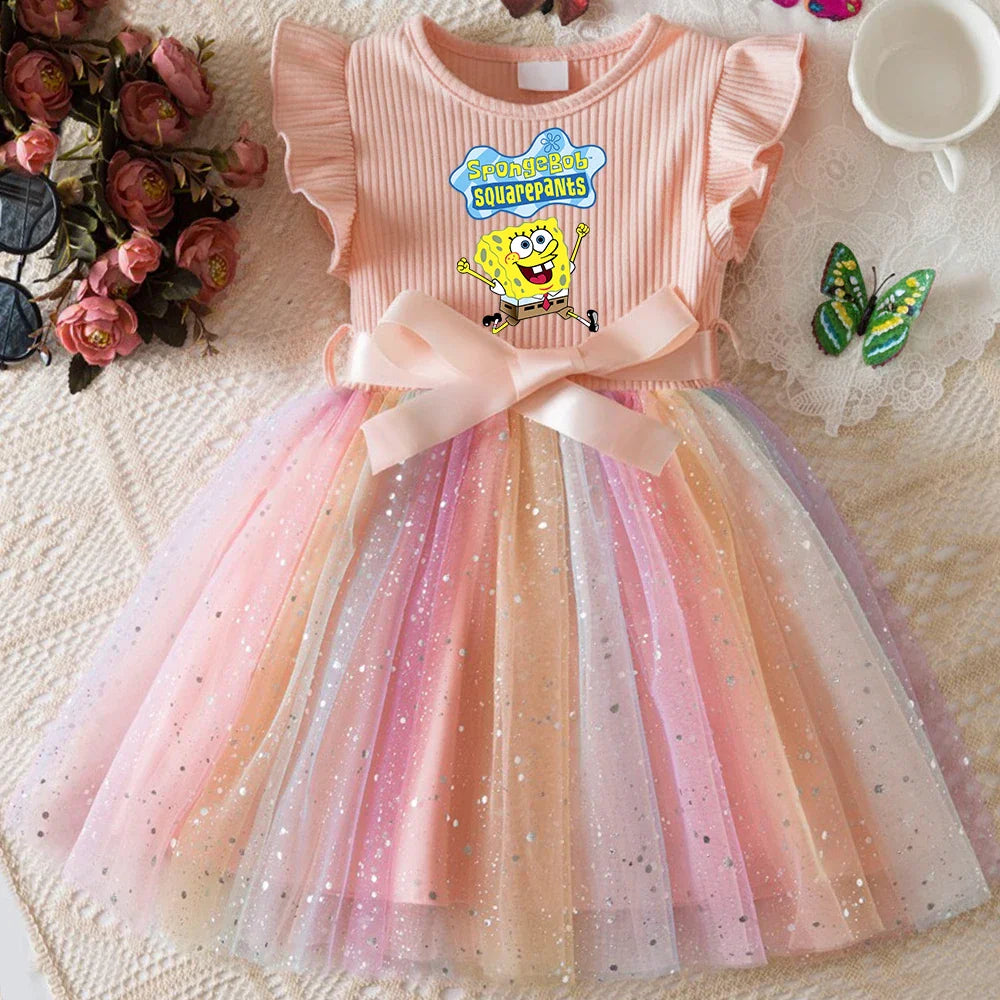 Sweet Girls Flying Sleeves Bow Sequin Dress Kids Baby Girl Birthday Party Fluffy Tutu Princess Dress 1-5Y
