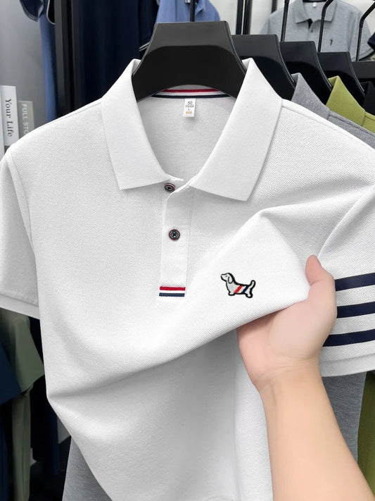 100% pure cotton short sleeve high-end brand cartoon dog embossed men's T-shirt summer new Korean casual breathable polo shirt
