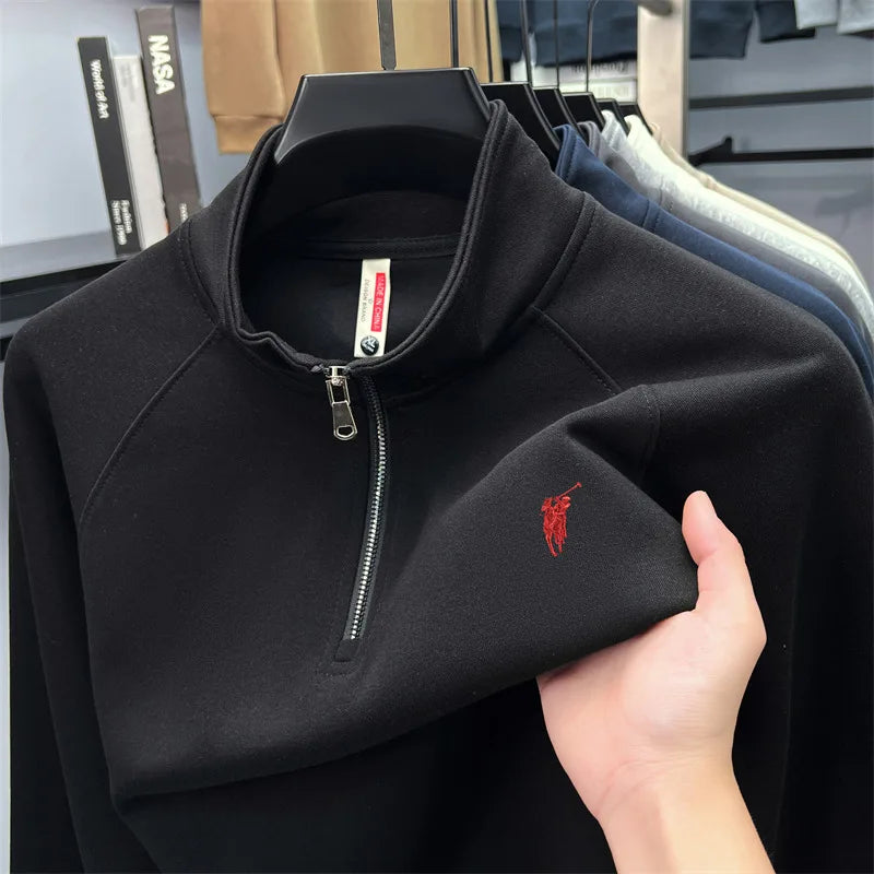 Half zip hoodie men's long sleeved t-shirt autumn plus size middle-aged and young embroidered pony logo collar polo shirt top