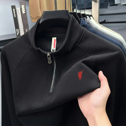 Half zip hoodie men's long sleeved t-shirt autumn plus size middle-aged and young embroidered pony logo collar polo shirt top