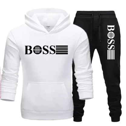 Winter and autumn fleece thickened hooded pullover sweater jacket for men, casual sports outfit, two-piece set for men