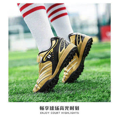 Fashion Gold Children's Football Shoes Outdoor Non-slip Turf Soccer Shoes Kids HOOK&LOOP Low-cut Sports Sneakers Child Trainers